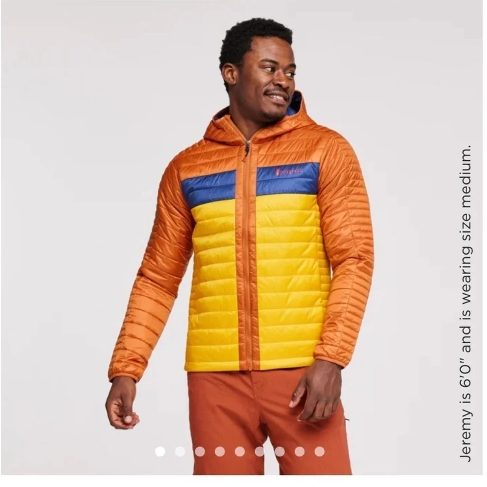 Cotopaxi Men's XL Capa Insulated Hooded Jacket Yellow Orange Mezcal NWT Puff